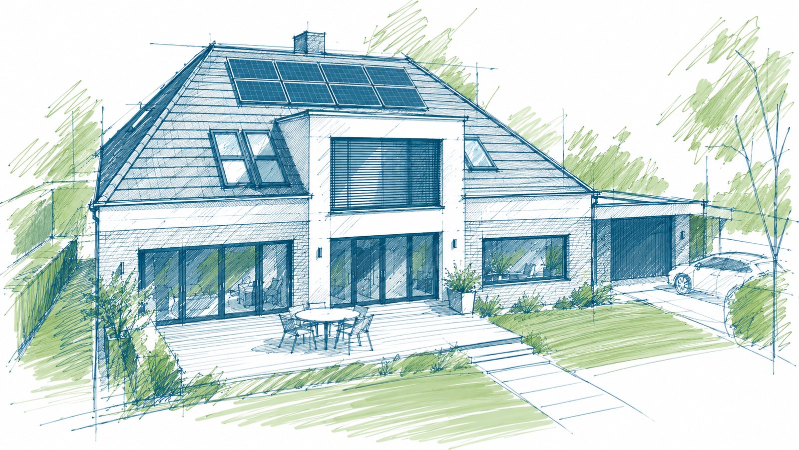 Zeichnung unseres Hauses in Bad Zwischenahn: Satteldach mit Photovoltaik, Terrasse, Carport mit Elektroauto